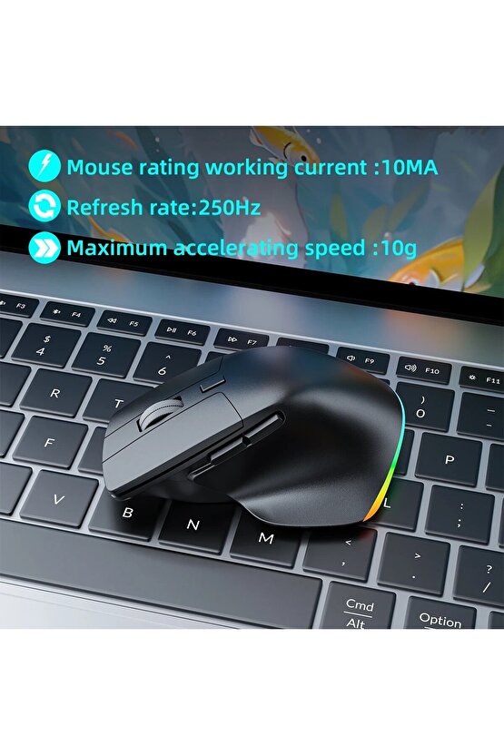 Kablosuz Mouse Bluetooth 5.04.0 + 2.4g Ergonomik Şarjlı Sessiz RGB Mouse Modern Tasarım Işıklı