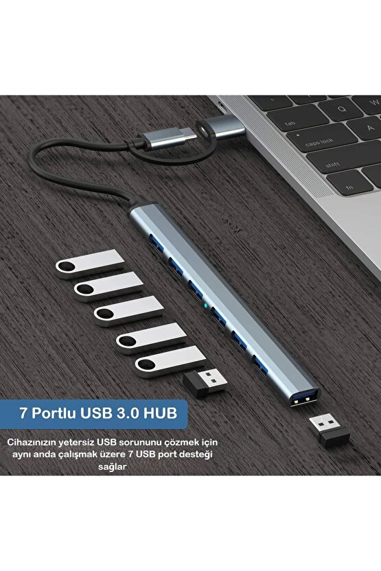 Type-C + USB To USB3.0 Hub Çoklayıcı 7 in2 Macbook Laptop Tablet Telefon Uyumlu Çevirici Dönüştürücü