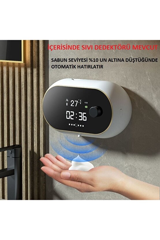 Modern Stil Duvara Monte USB Şarjlı LCD Dijital Ekran Otom. Temassız Sensörlü Köpük Sabunluk 450ml