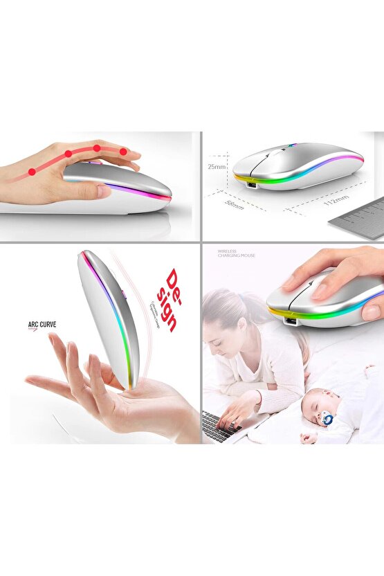 Matepad Pro 12.2 Tablet İçin RGB LED Işıklı Bluetooth+2.4Ghz Kablosuz Sessiz Şarjlı Mouse