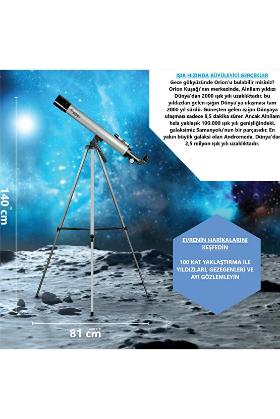 Teleskop 100 Kat Yakınlaştırma 50mm Eğitici Astronomik Uzay Doğa Ay Gözlem Teleskobu + Tripod