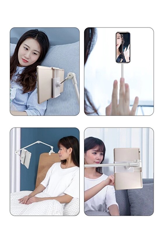 Alüminyum Alaşımlı Ayarlanabilir Uzun Kollu Telefon ve Tablet Tutucu Stand - Yatak ve Masa için