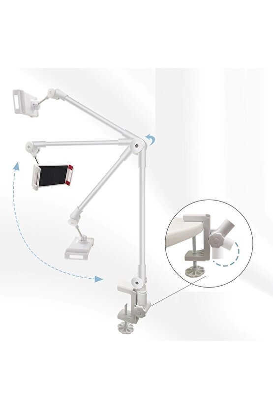 Alüminyum Alaşımlı Ayarlanabilir Uzun Kollu Telefon ve Tablet Tutucu Stand - Yatak ve Masa için