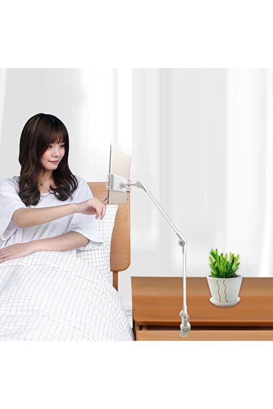 Alüminyum Alaşımlı Ayarlanabilir Uzun Kollu Telefon ve Tablet Tutucu Stand - Yatak ve Masa için