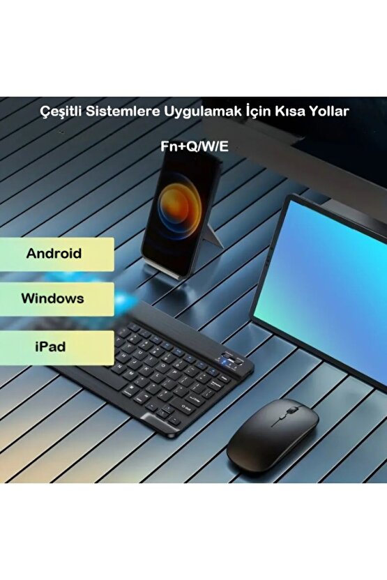 Tablet Telefon Uyumlu Taşınabilir Şarj Edilebilir Kablosuz Bluetooth Türkçe Q Klavye ve Mouse Seti