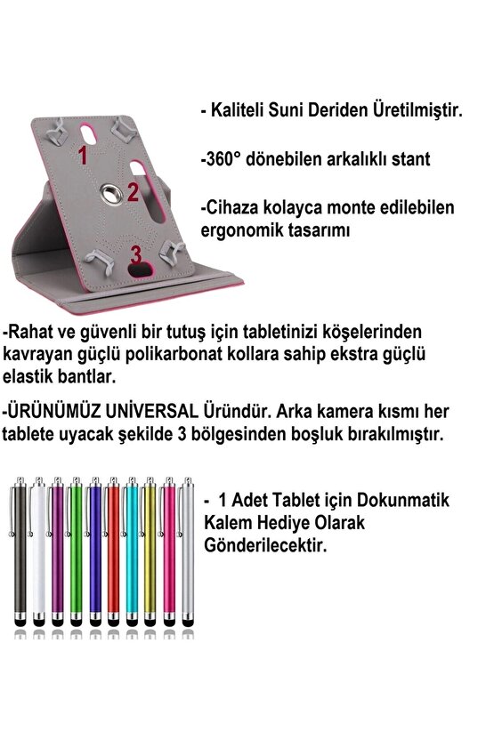 Lenovo Tab M8 8 Uyumlu Üniversal Dönerli Standlı Tablet Kılıfı +Dokunmatik Tablet Kalemi Hediye