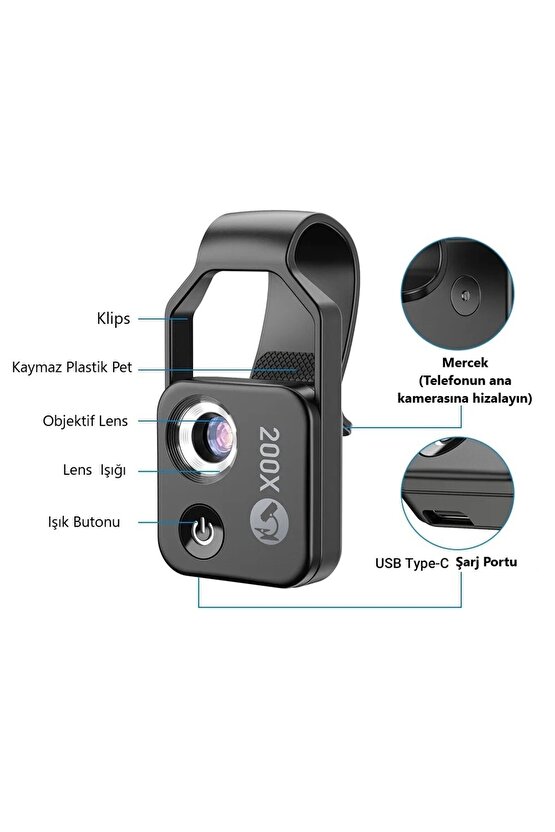 200x Hd Led Işıklı Taşınabilir Cep Telefonu Mikroskobu Cpl Lens (siyah)