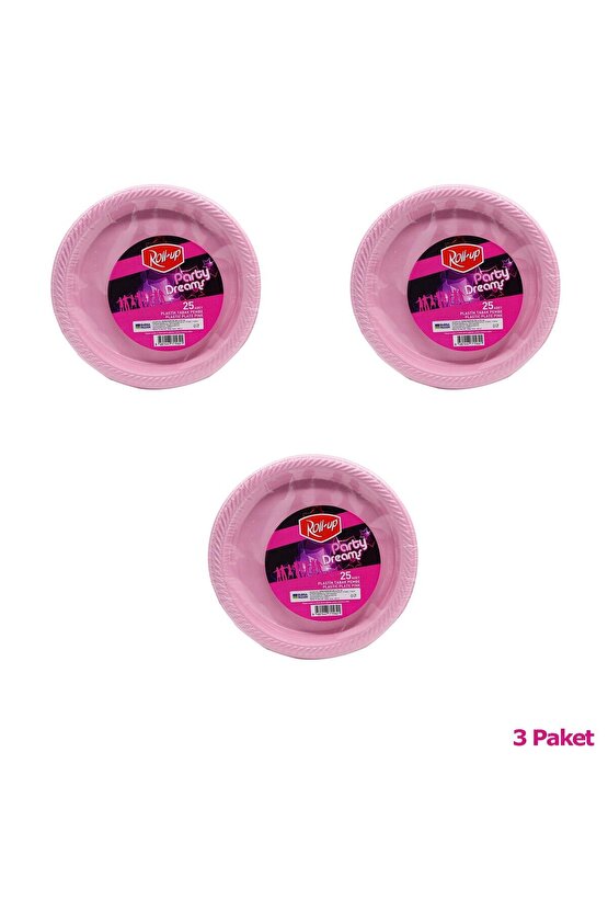 Kullan At Renkli Pembe Parti Davet Plastik Tabak - 22 Cm. - 25 Adetlik 3 Paket