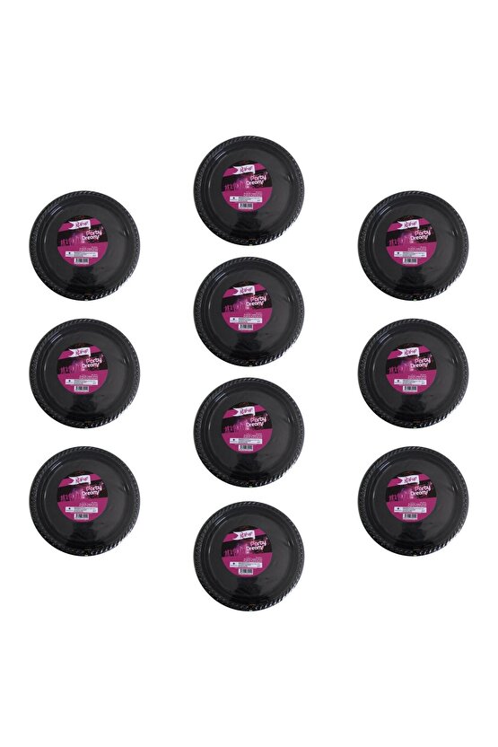 Kullan At Renkli Siyah Parti Davet Plastik Tabak - 22 Cm. - 25 Adetlik 10 Paket