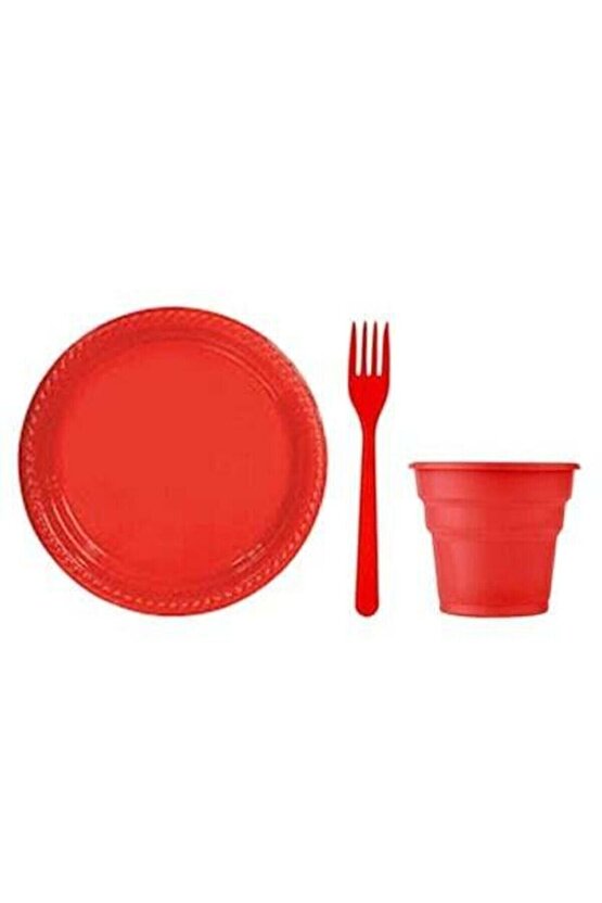 Kırmızı  Plastik Tabak Bardak Seti 25li