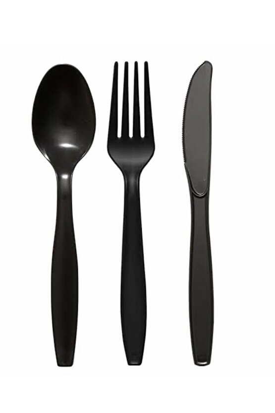 Plastik Lüks Çatal-kaşık- Bıçak 3 Lü Siyah Siyah Set 100 Lü
