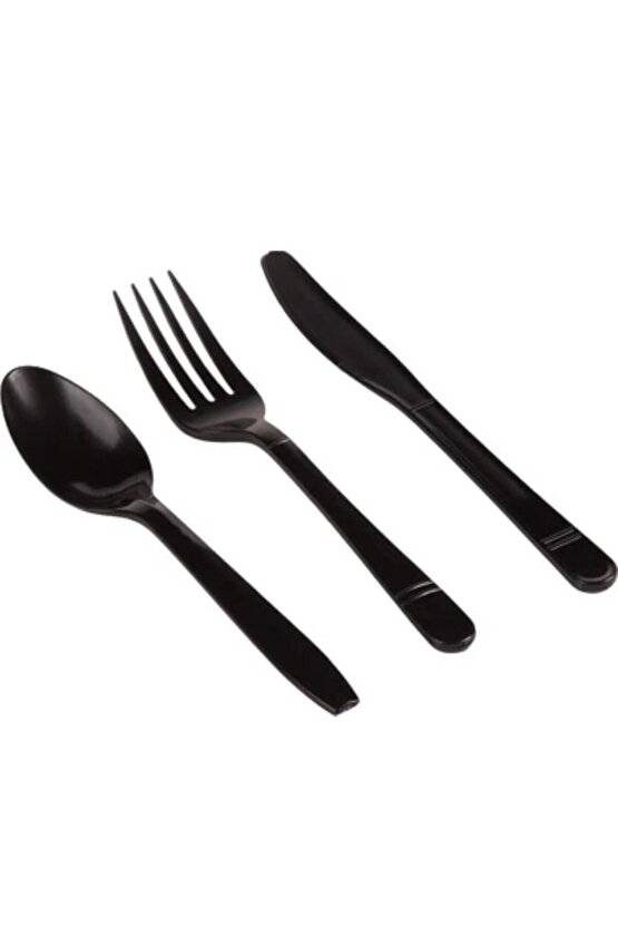 Plastik Lüks Çatal-kaşık- Bıçak 3 Lü Siyah Siyah Set 100 Lü