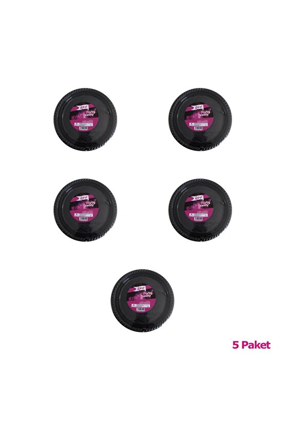 Kullan At Renkli Siyah Parti Davet Plastik Tabak - 22 Cm. - 25 Adetlik 5 Paket