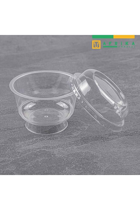 Plastik Kristal Tatlı Kabı Ayaklı 180cc - Kapaklı 25 Adet Kullan At