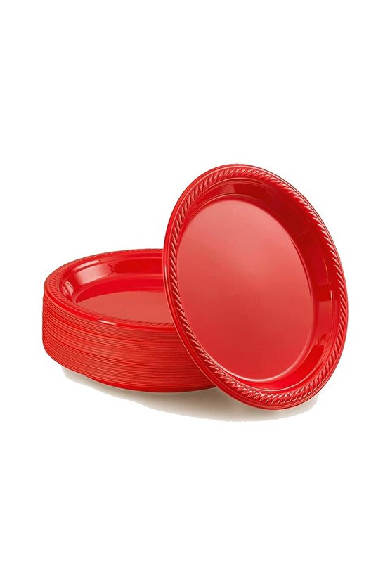 Kullan At Renkli Kırmızı Parti Davet Plastik Tabak - 22 Cm. - 25 Adetlik Paket