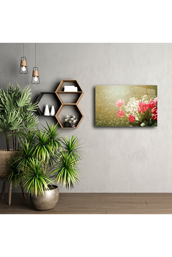 Pembe Laleler ve Bebek Nefesi Çiçekli Bahar Manzarası Duvar Tablosu