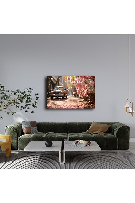 Vintage Çiçekli Manzaralı Cam Tablo