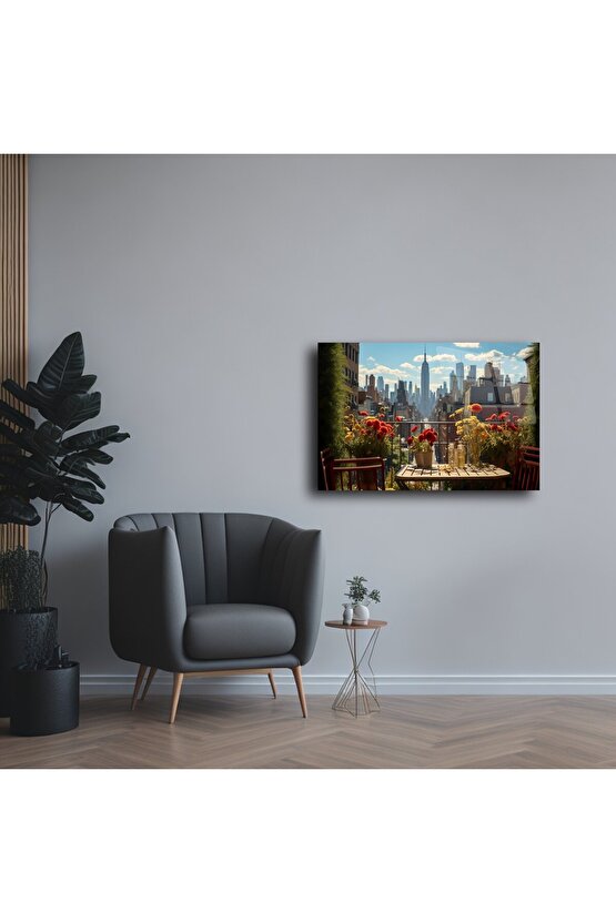 New York Terasında Çiçekli Masa Cam Tablo