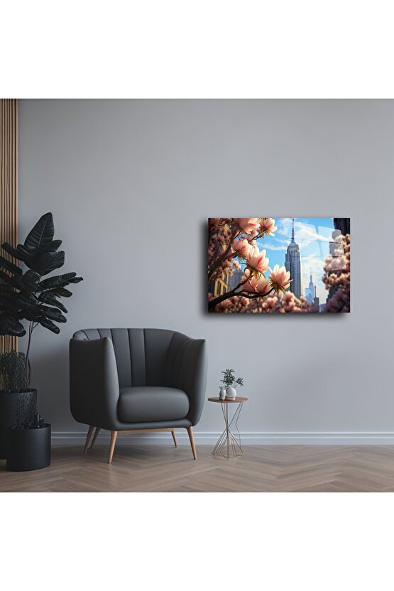 Magnolya ve New York Silueti Cam Tablo