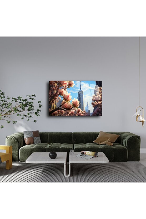 Magnolya ve New York Silueti Cam Tablo