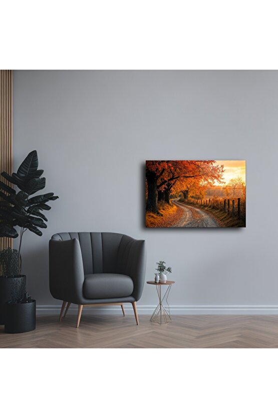 Rustik Sonbahar Ağaçlı Yol Cam Tablo