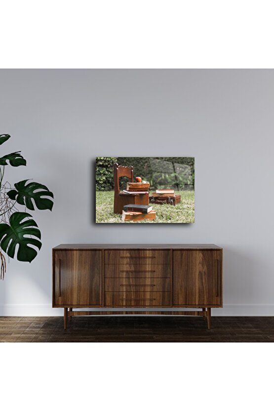 Cam Duvar Tablosu Vintage Kitaplı Doğa Kompozisyonu