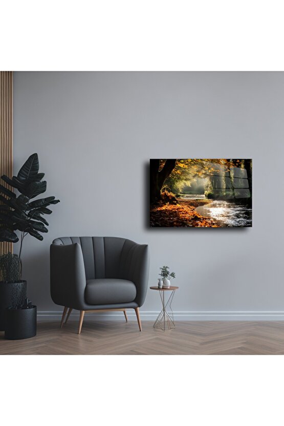 Cam Duvar Tablosu Sonbahar Nehir Manzarası