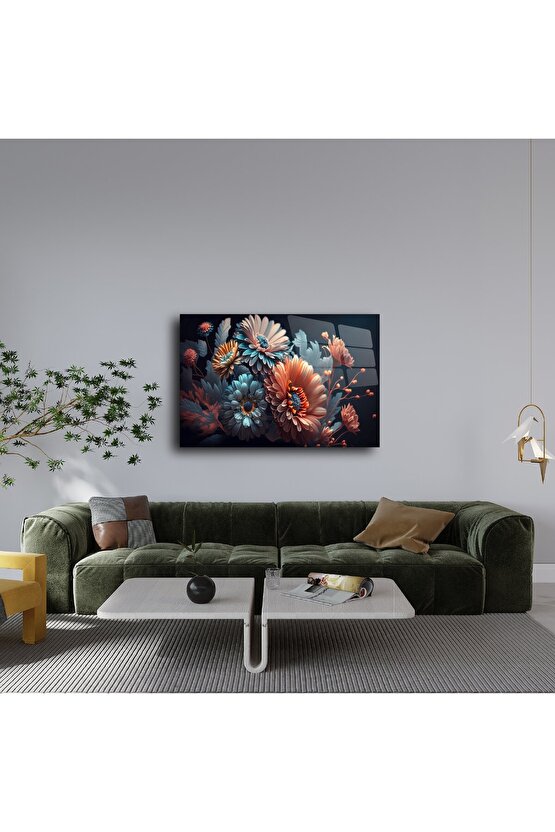 Canlı Turuncu ve Mavi Çiçek Temalı Sanatsal Duvar Posteri