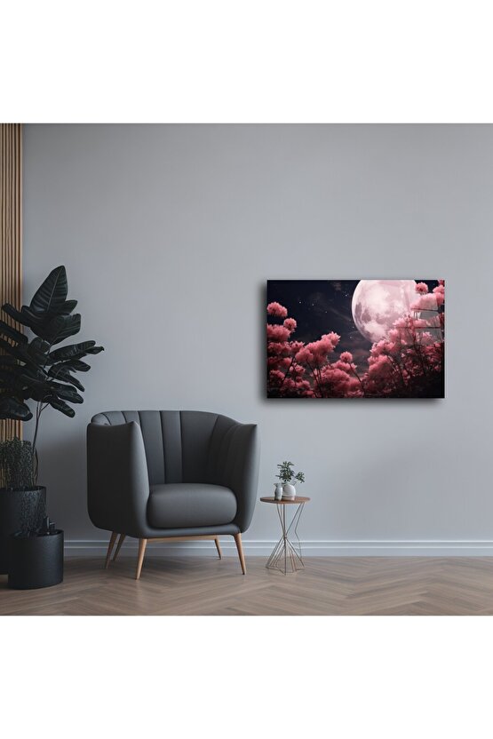 Cam Tablo Ay ve Çiçekli Gece Manzarası