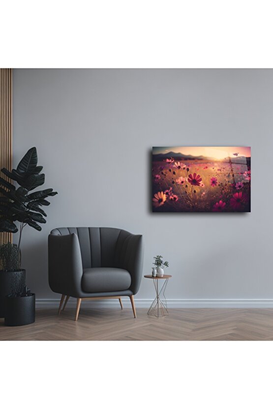 Altın Gün Batımı Çiçek Tarlası Cam Tablo