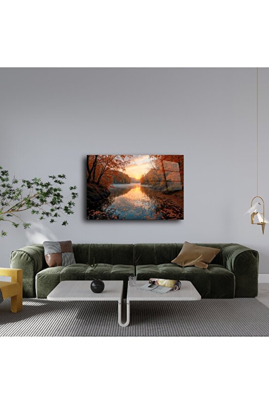 Sonbahar Ormanı Gün Batımı Cam Tablo