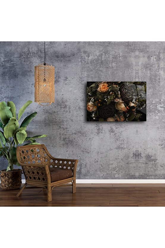 Lüks Koyu Renkli Gül ve Sukulent Duvar Tablosu