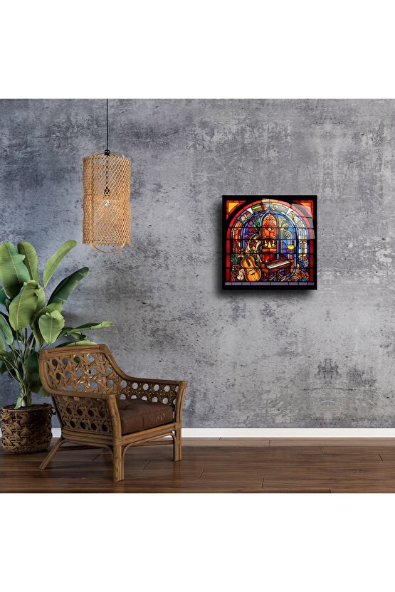 Piyano ve Viyolonselli Renkli Vitray Duvar Sanatı