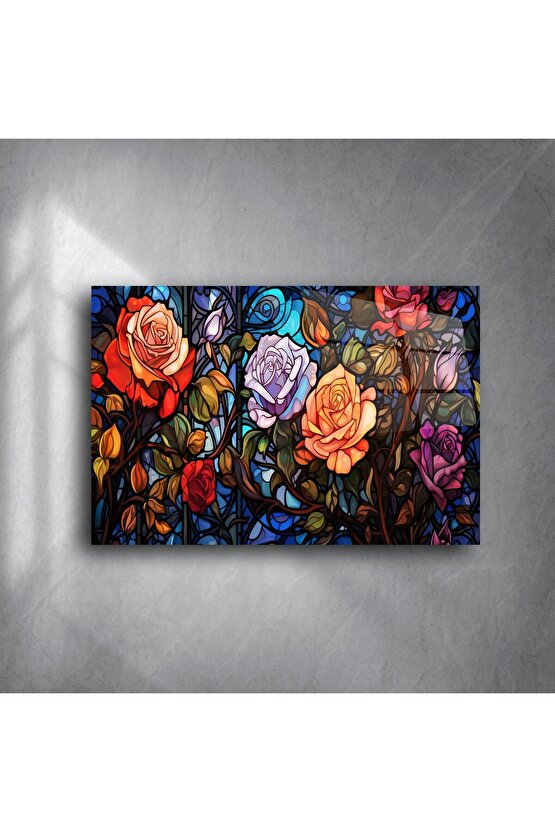 Renkli Çiçekli Gül Vitray Duvar Sanatı Paneli