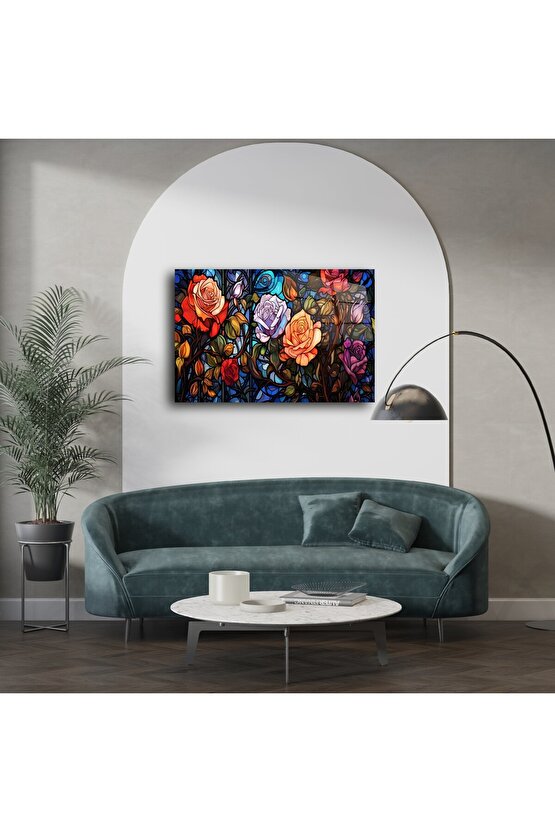 Renkli Çiçekli Gül Vitray Duvar Sanatı Paneli