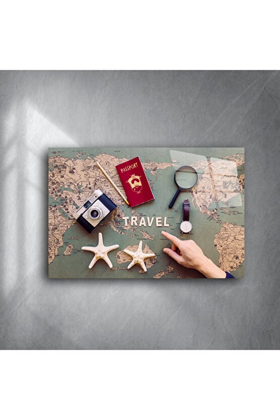 Vintage harita arka planlı seyahat temalı cam tablo