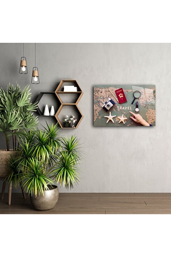 Vintage harita arka planlı seyahat temalı cam tablo