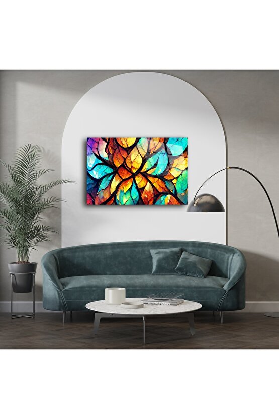 Renkli Yaprak Desenli Modern Cam Tablo