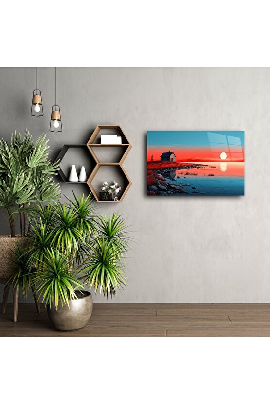 Gün Batımı Göl Evi Minimalist Duvar Sanatı