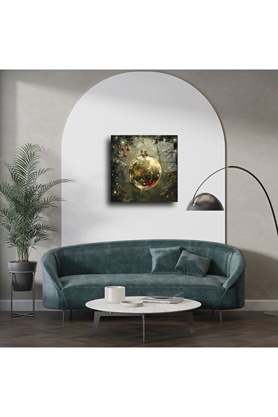 Yılbaşı Temalı Işıltılı Altın Cam Süslemeli Çam Dalı Desenli Dekoratif Cam Tablo