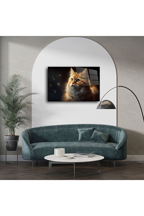 Kabarcıklara Bakan Turuncu Kedi Cam Tablo