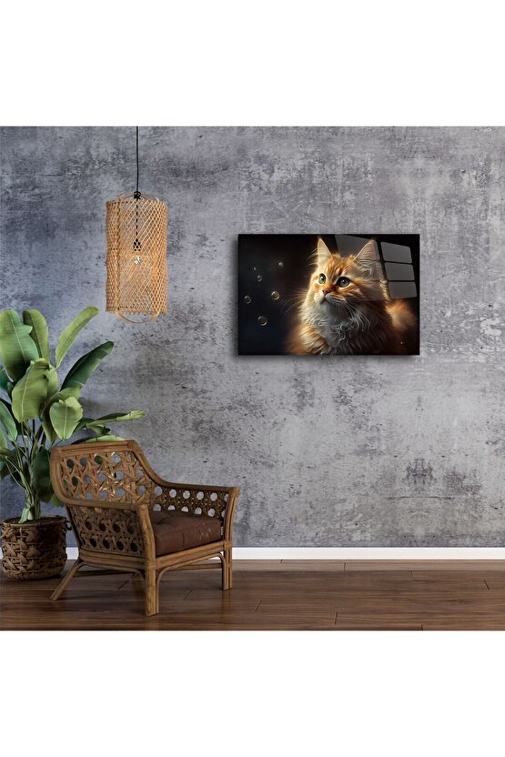 Kabarcıklara Bakan Turuncu Kedi Cam Tablo