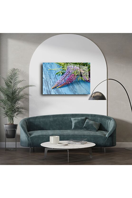 Cam Tablo Mor Mavi Lupin Çiçekleri