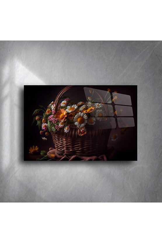 Rustik Hasır Sepette Papatya ve Bahar Çiçekleri Kanvas Cam Tablo
