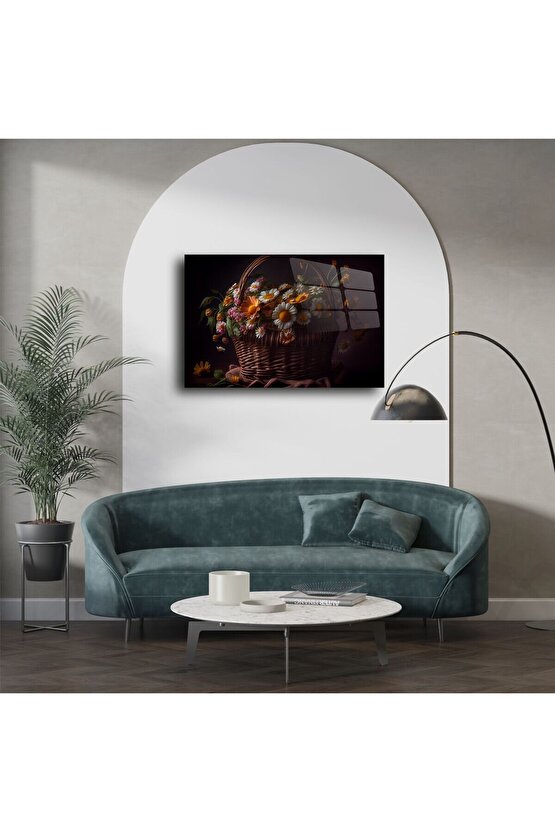 Rustik Hasır Sepette Papatya ve Bahar Çiçekleri Kanvas Cam Tablo