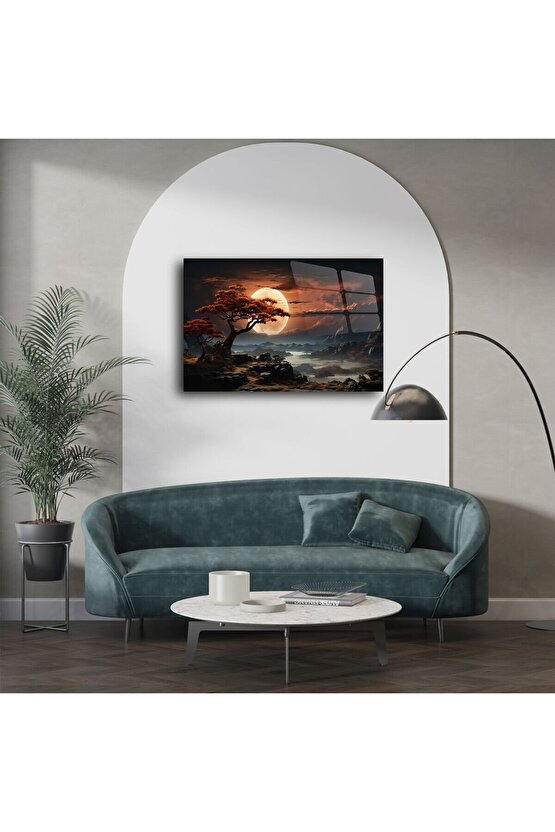 Turuncu Ay Manzaralı Ağaçlı Cam Tablo
