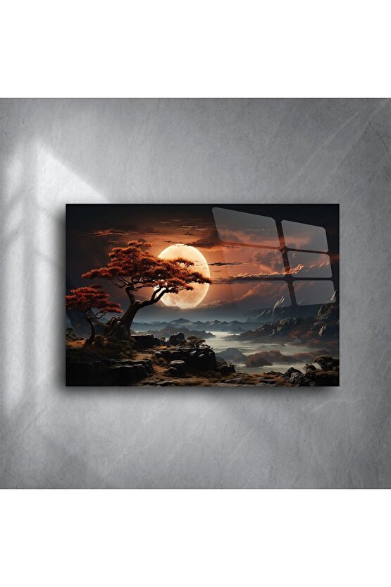 Turuncu Ay Manzaralı Ağaçlı Cam Tablo