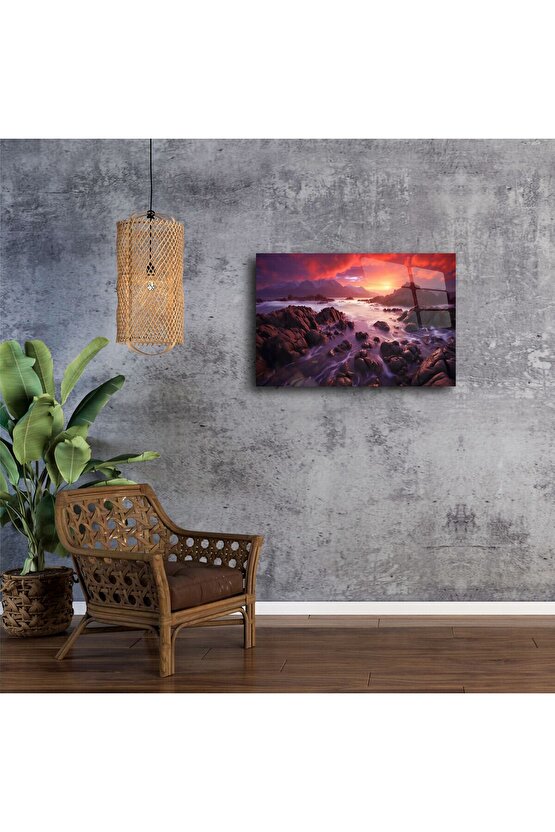 Kızıl Gün Batımı Manzaralı Cam Tablo