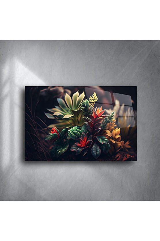 Lüks Cam Tablo Renkli Tropikal Yapraklar