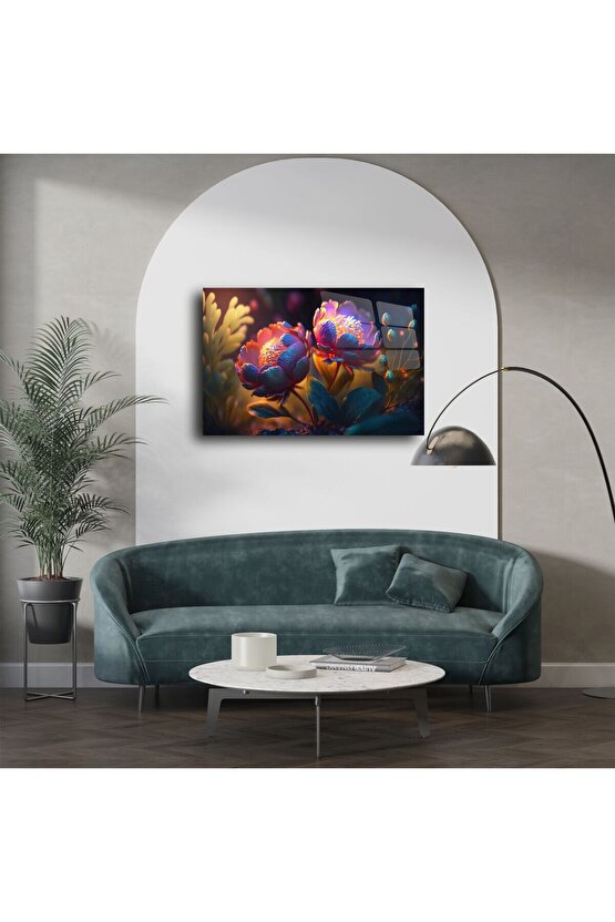 Premium Cam Tablo Renkli Çiçekler